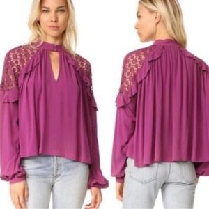 NWT Free People Little Bit Of Love pink Crochet Lace Open Shoulder Blouse Size S